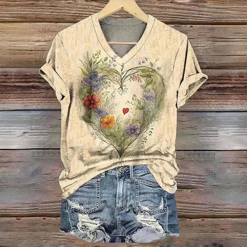 3D Digital Print T-Shirt Womens V-Neck Short-Sleeve Top