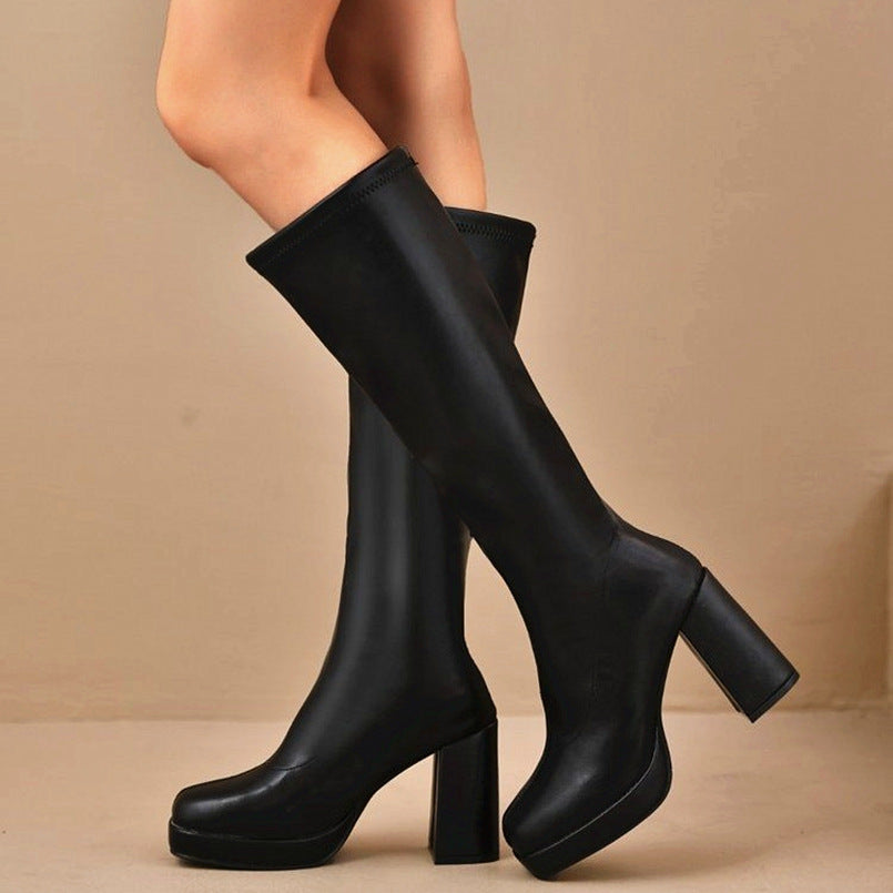 Chunky-Heeled Slimming Plus-Size Womens Leather Boots With Round Toes And Tall Shafts