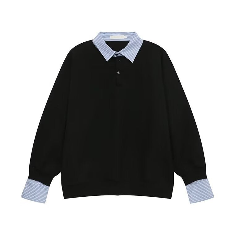 American-style Streetwear Faux Two-piece Fleece-lined Shirt-collar Hoodie