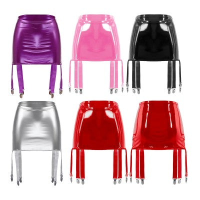 Sexy Women Wetlook PVC Leather Ruffled Skirts Party Low Waist Built-in Thongs Mini Skirt with Garter Belts Metal Clips Set Club