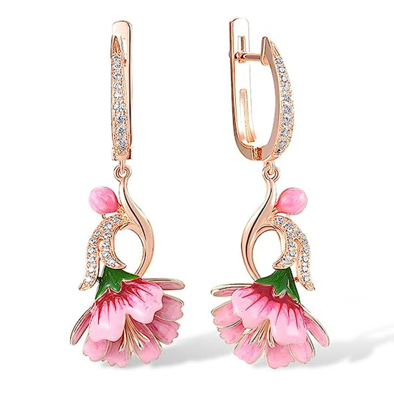 Dainty Flower Earrings Oil-Drip Floral Design With Zircon Inlays