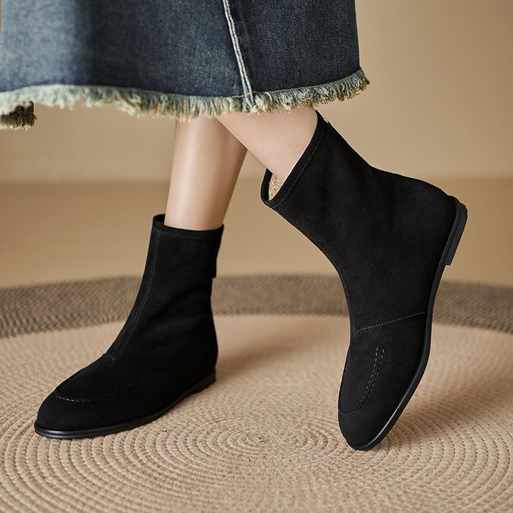 Womens Fleece-Lined Thick Simple Stylish Round-Toe Low-Heel Ankle Boots For FallWinter