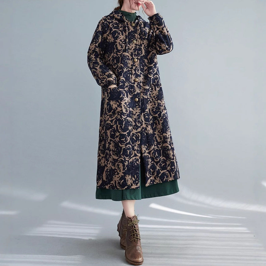 Retro Artistic Winter Long Cotton Coat With Fleece Lining