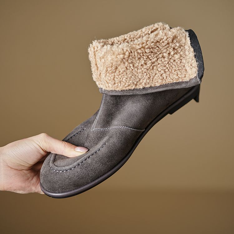 Womens Fleece-Lined Thick Simple Stylish Round-Toe Low-Heel Ankle Boots For FallWinter