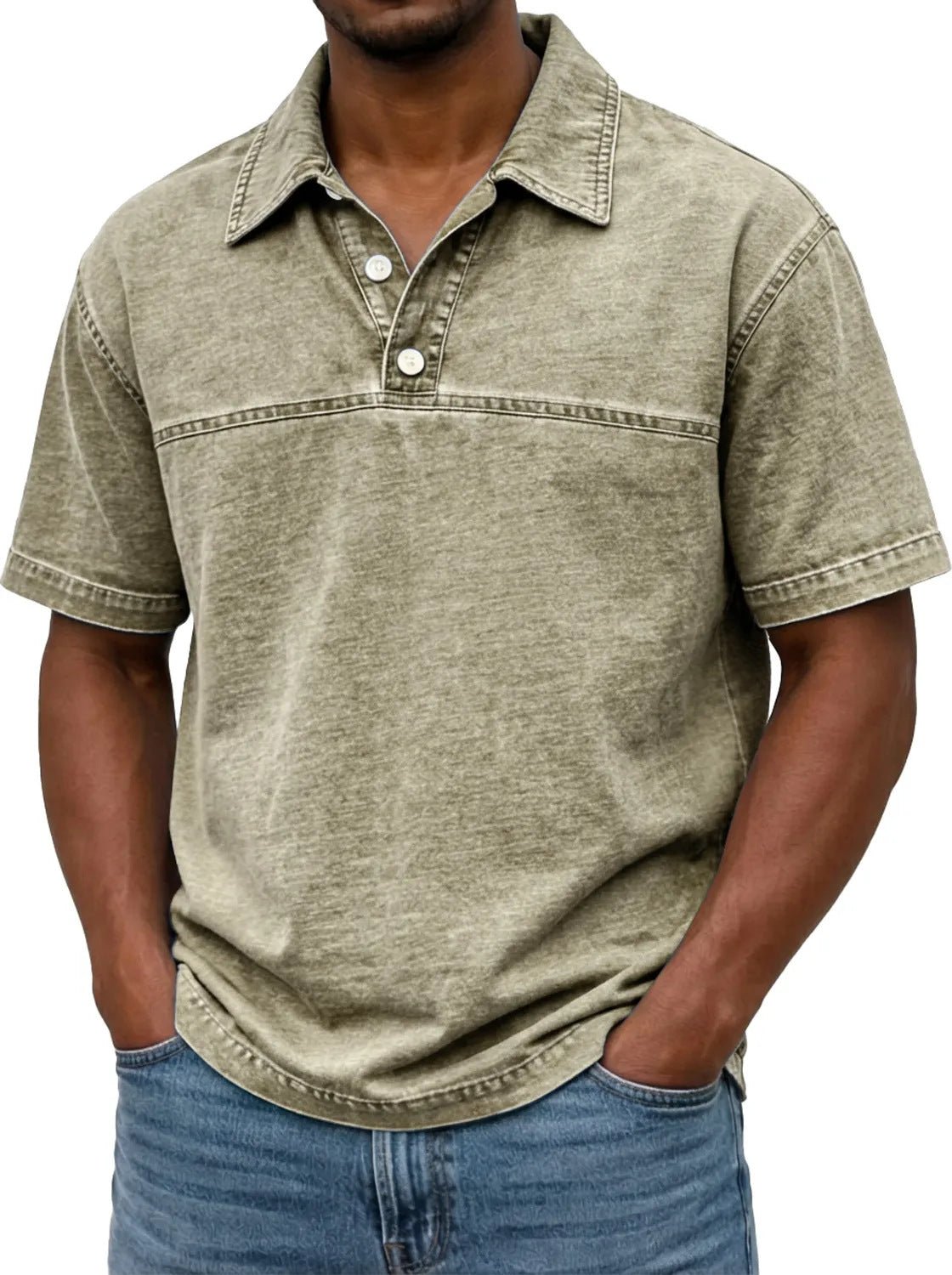 Mens Stylish Solid-color Vintage Short-sleeve Lapel Polo Shirt