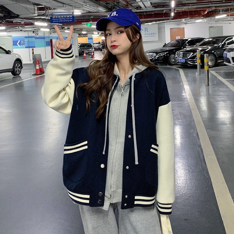 Womens Fashionable Preppy-Style Casual Crew-Neck Jacket
