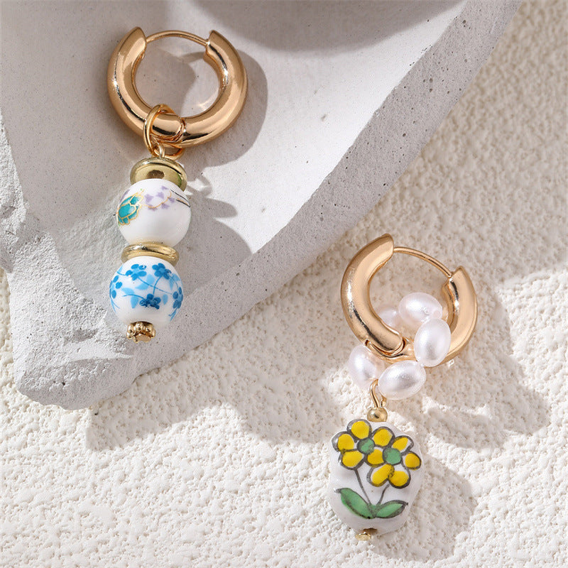 European And American Blue-and-White Porcelain Floral Pearl Earrings Sweet Womens Copper Ear Clips