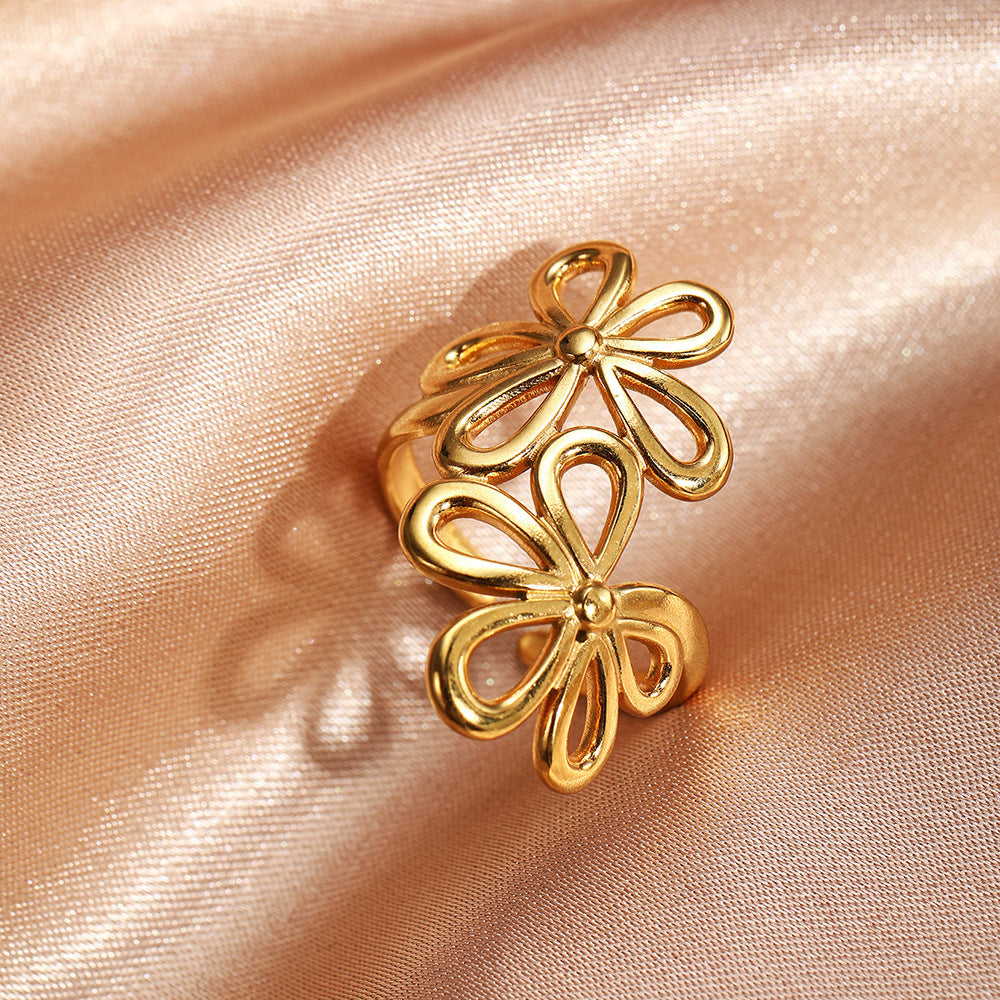 Bohemian Hollow Flower Stainless Steel Ring, Eco-friendly Material, Color Retention, Women's Fashion Jewelry, Personalized All-match & Exaggerated Style