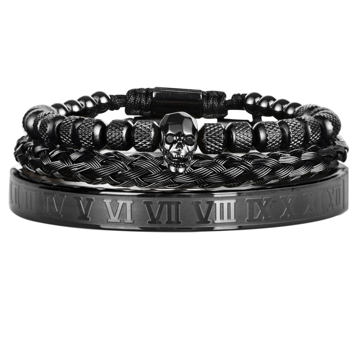Cross-Section Ghost Head Braided Bracelet Set In Stainless Steel