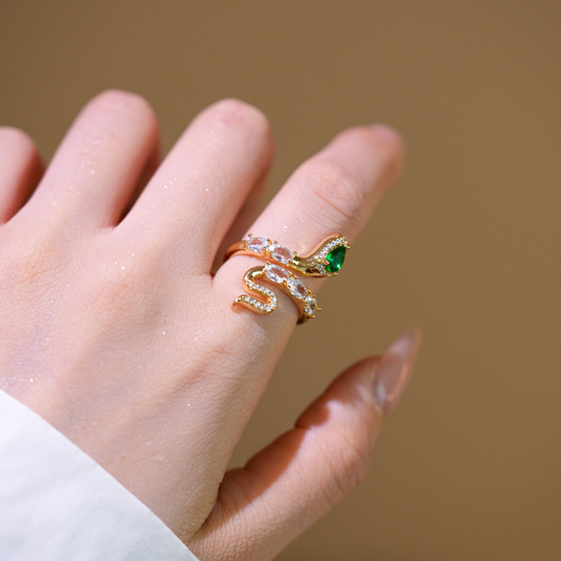 New Chinese Style Zircon Emerald Small Snake Opening Ring