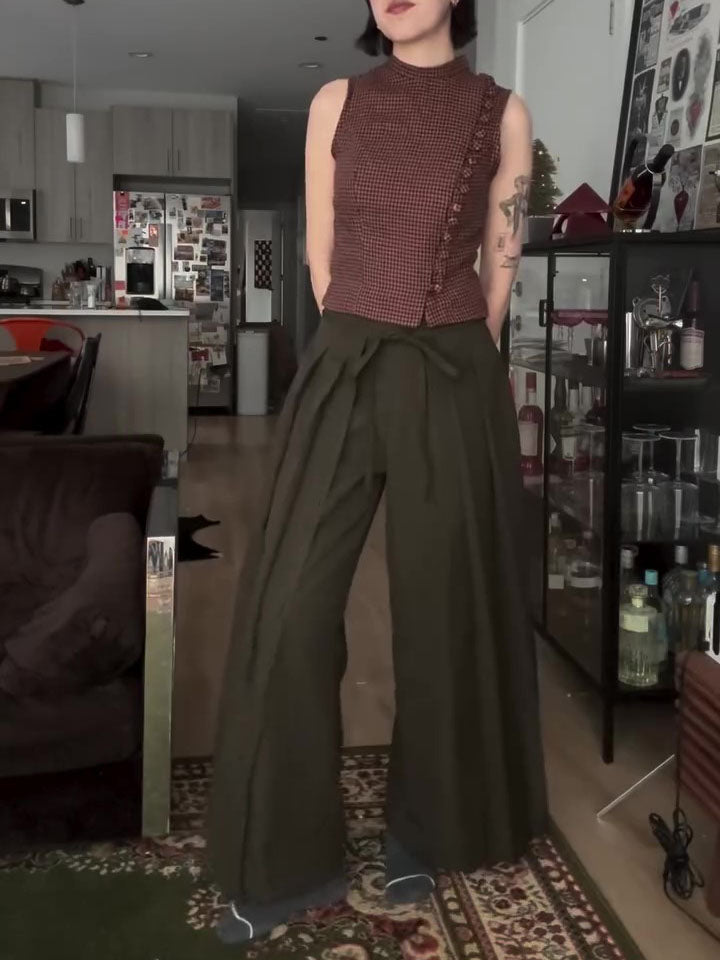 Military Green High Waist Wide-Leg Draped Pants