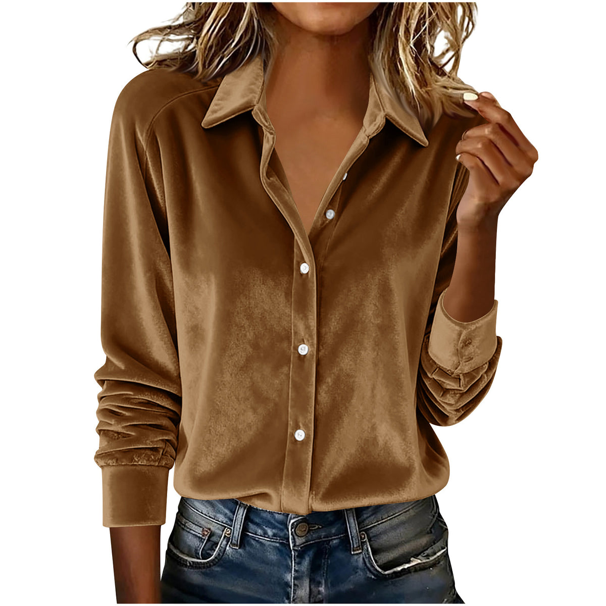 Versatile Solid-color Gold-velvet Shirt With A Lapel Collar