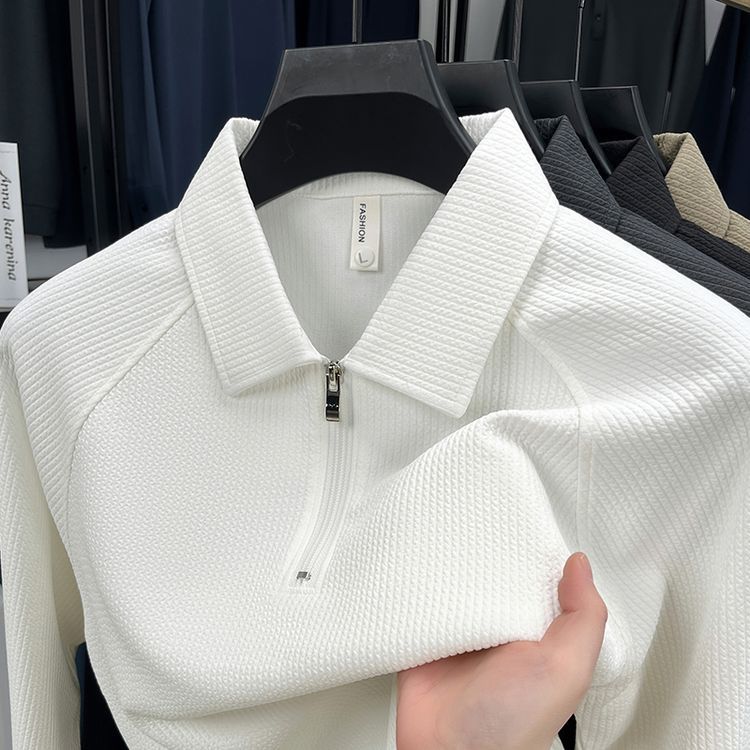 Mens Long-Sleeve Waffle-Textured American-Style Half-Zip Polo Shirt
