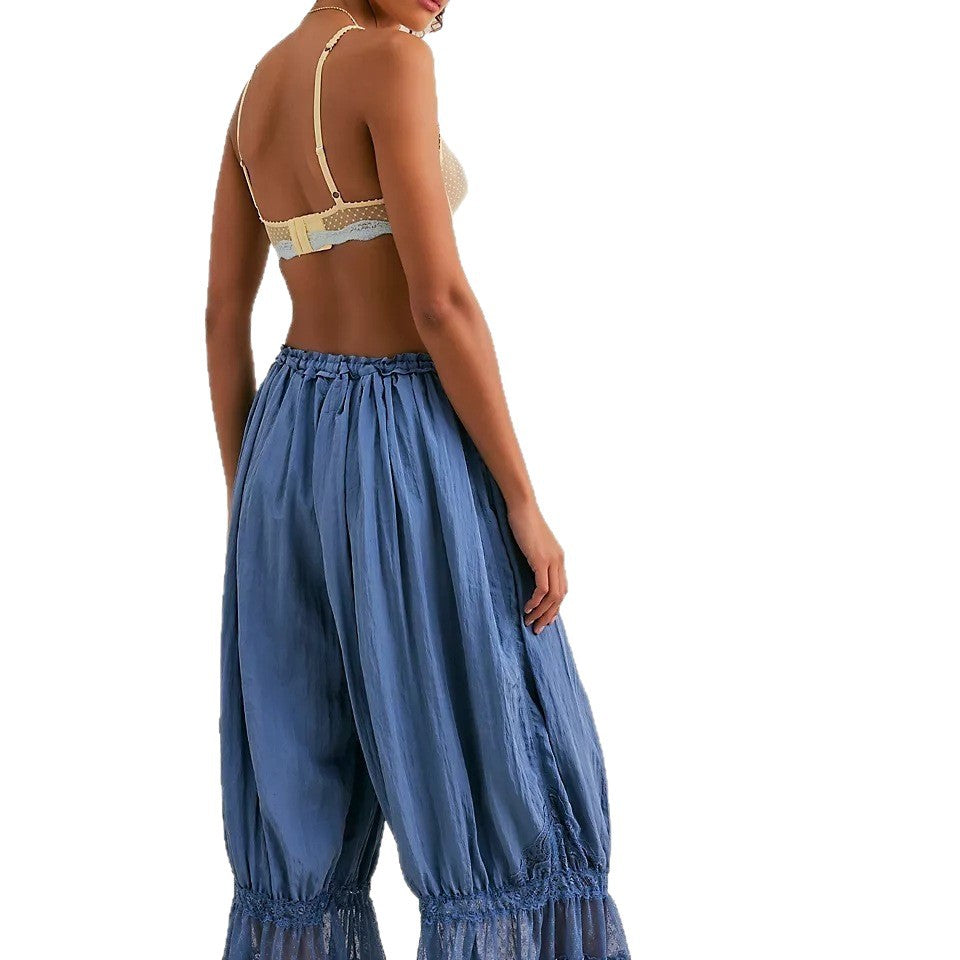 Womens Hollowed-Out Lace-Laced Loungewear Mid-Length Pants