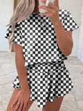Womens Loose-Fit Checkerboard Short-Sleeve Top And Shorts Set