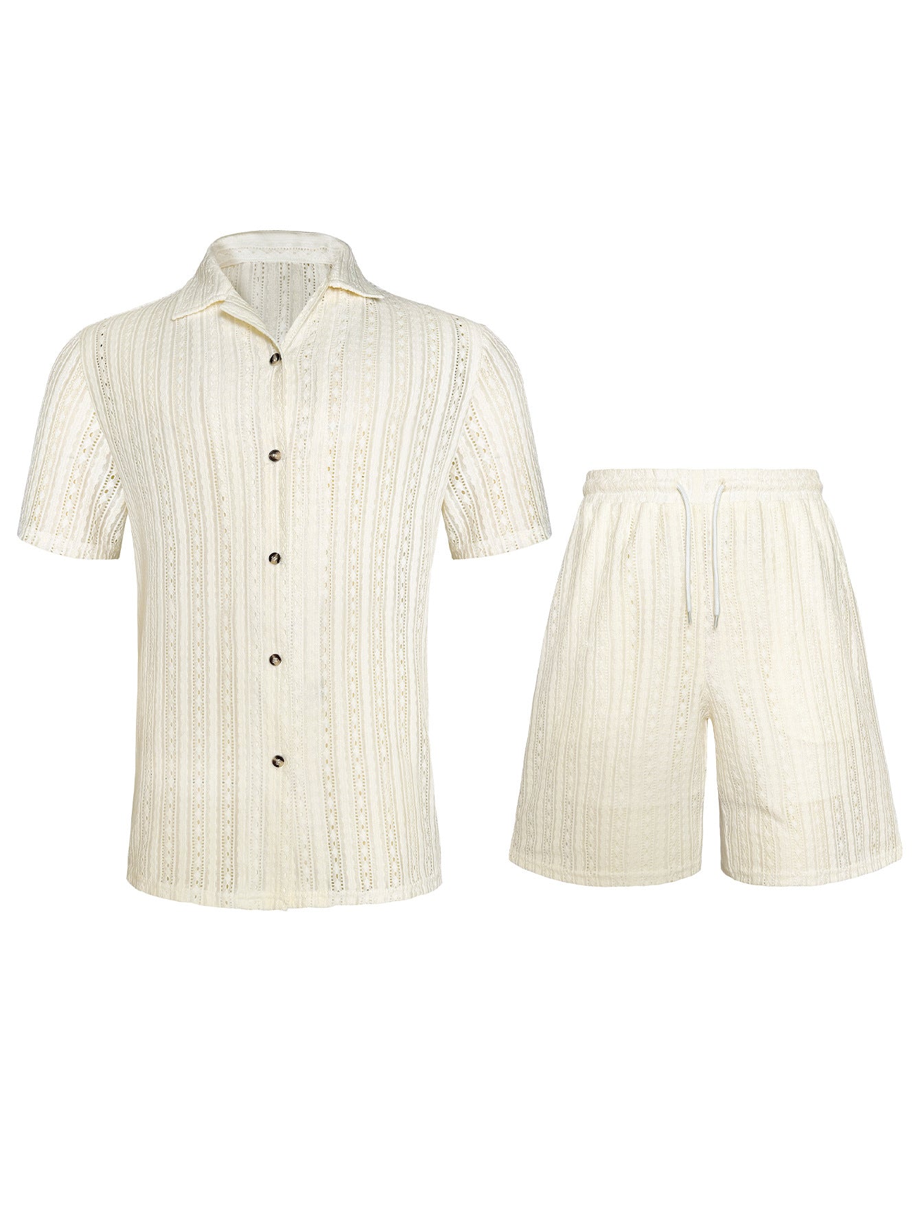 Mens Hollow-Out Breathable Short-Sleeve Shirt And Shorts Set