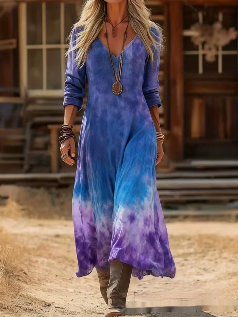 Womens 3D-printed V-neck Long-sleeve Dress