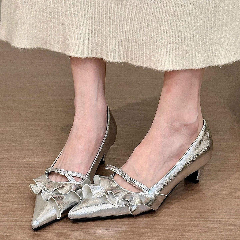 Elegant French-style Silver Stiletto Heels With A Ruffled Hem