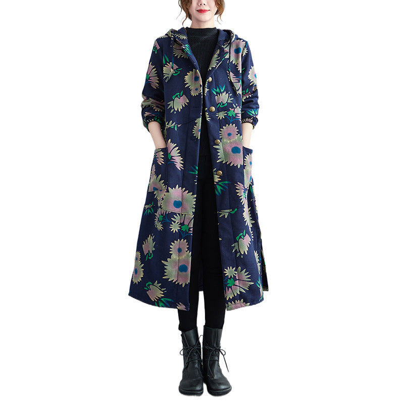 Retro Artistic Winter Long Cotton Coat With Fleece Lining