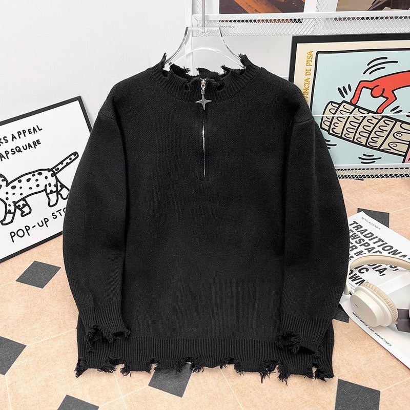 Mens Heavyweight High-street Half-zip Distressed Sweater In American Style