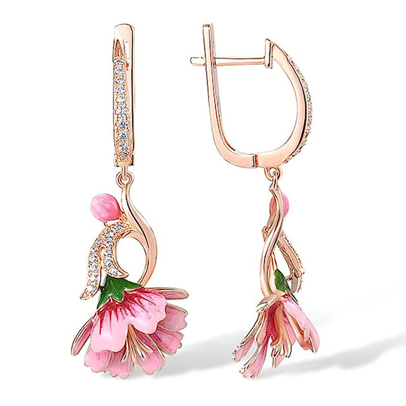 Dainty Flower Earrings Oil-Drip Floral Design With Zircon Inlays
