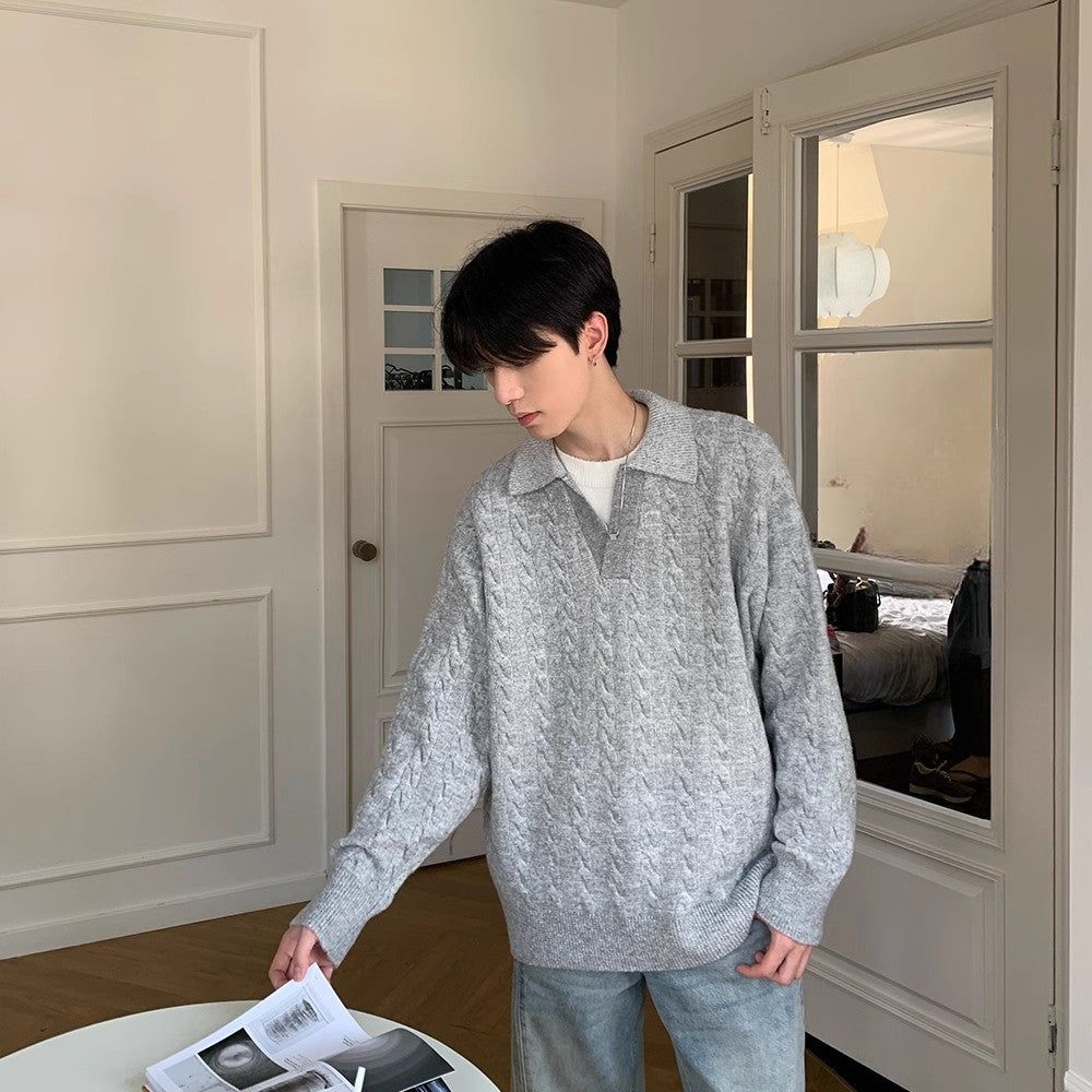 Mens Retro Herringbone Textured Lapel Pullover Sweater