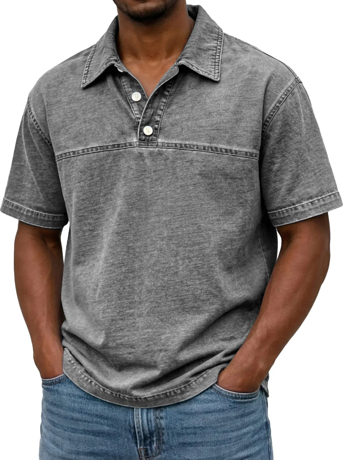 Mens Stylish Solid-color Vintage Short-sleeve Lapel Polo Shirt