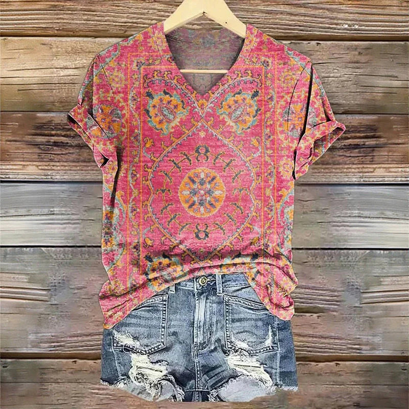 3D Digital Print T-Shirt Womens V-Neck Short-Sleeve Top