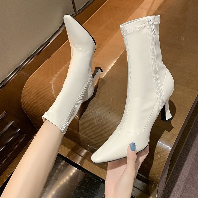 Womens Retro Mid-Calf Pointed-Toe Side-Zip Stiletto Boots