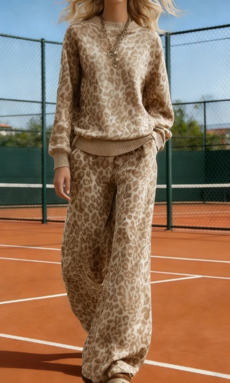 Women's American Retro Color Block Round Neck Long Sleeve Loose Knit Set