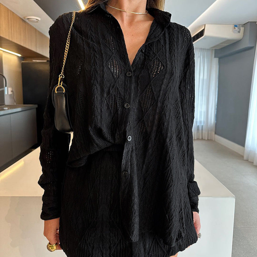 Knitted Jacquard Cardigan And Long-sleeved Shorts Pajama Set