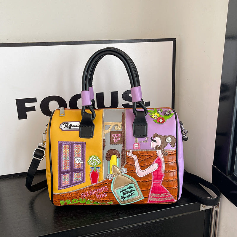High-capacity Premium Boston Bag With Embroidered Patchwork Design
