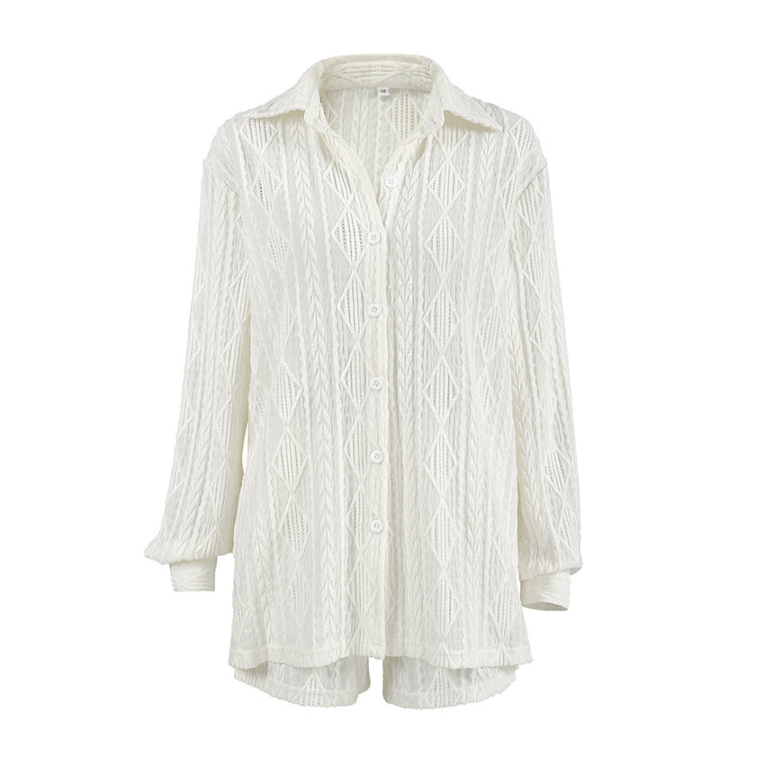 Knitted Jacquard Cardigan And Long-sleeved Shorts Pajama Set