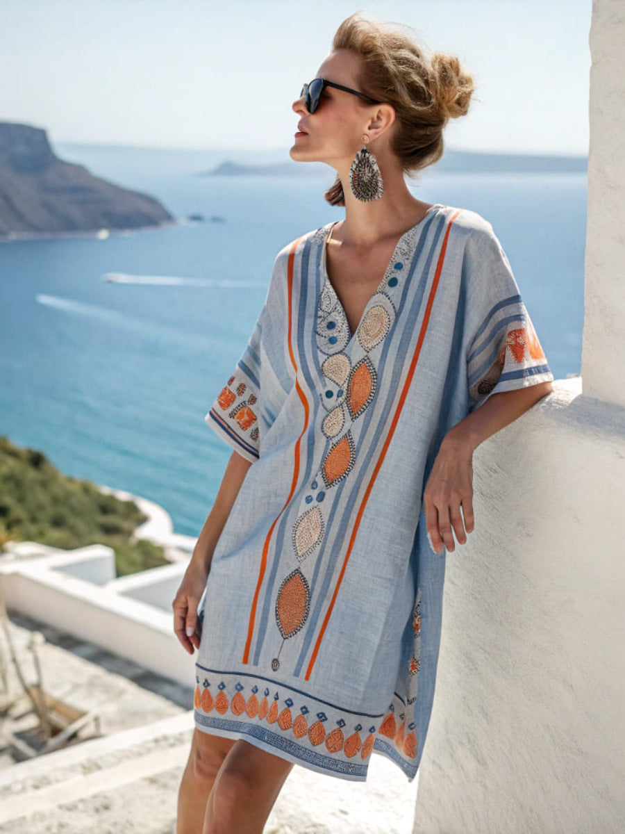 Womens V-neck Dress For Beach Vacations 3D-printed Relaxed Fit