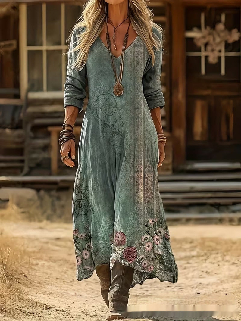 Womens 3D-printed V-neck Long-sleeve Dress