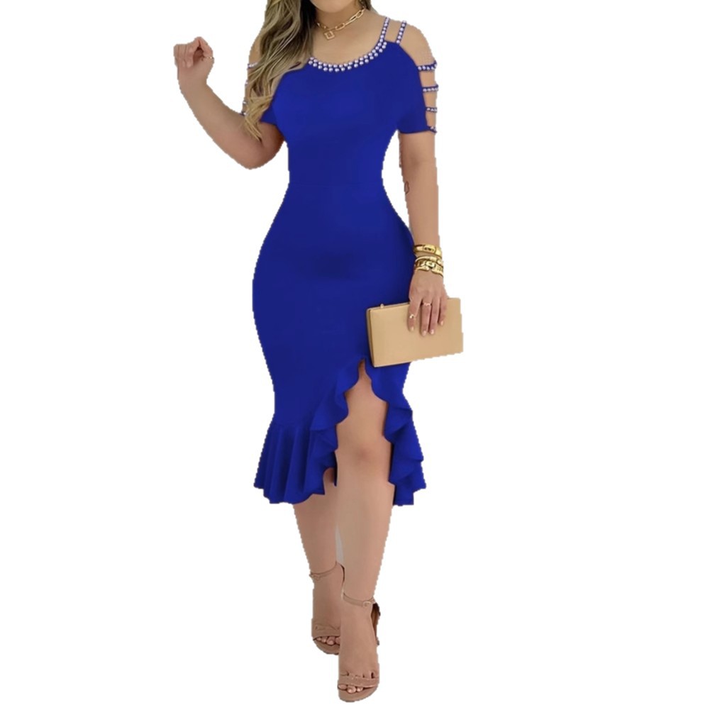 Womens Ruffled-Edge Slit Dress With Pearl Embellishments