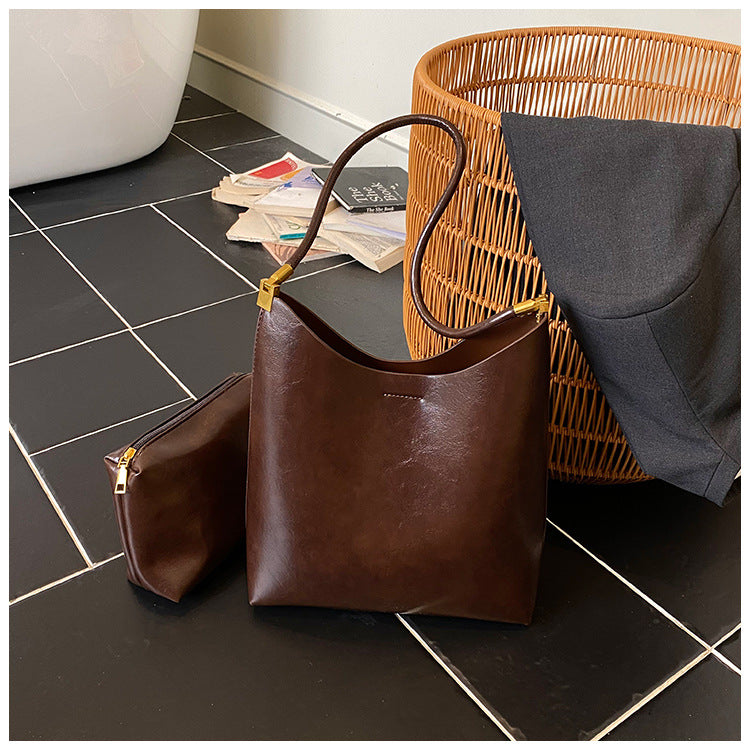 Womens Solid-Color High-Capacity Vintage Tote Bag