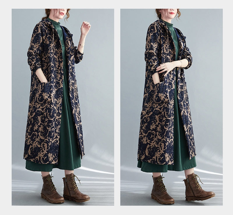 Retro Artistic Winter Long Cotton Coat With Fleece Lining
