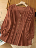 Womens SpringAutumn V-Neck Cotton-Linen Shirt With Loose