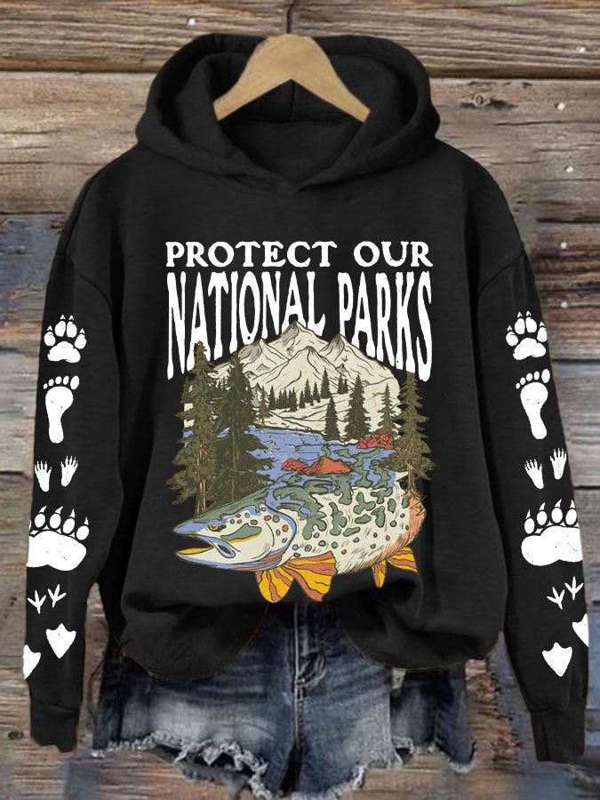 Womens Hooded Sweatshirt With A Forest And Mountain Peaks Design
