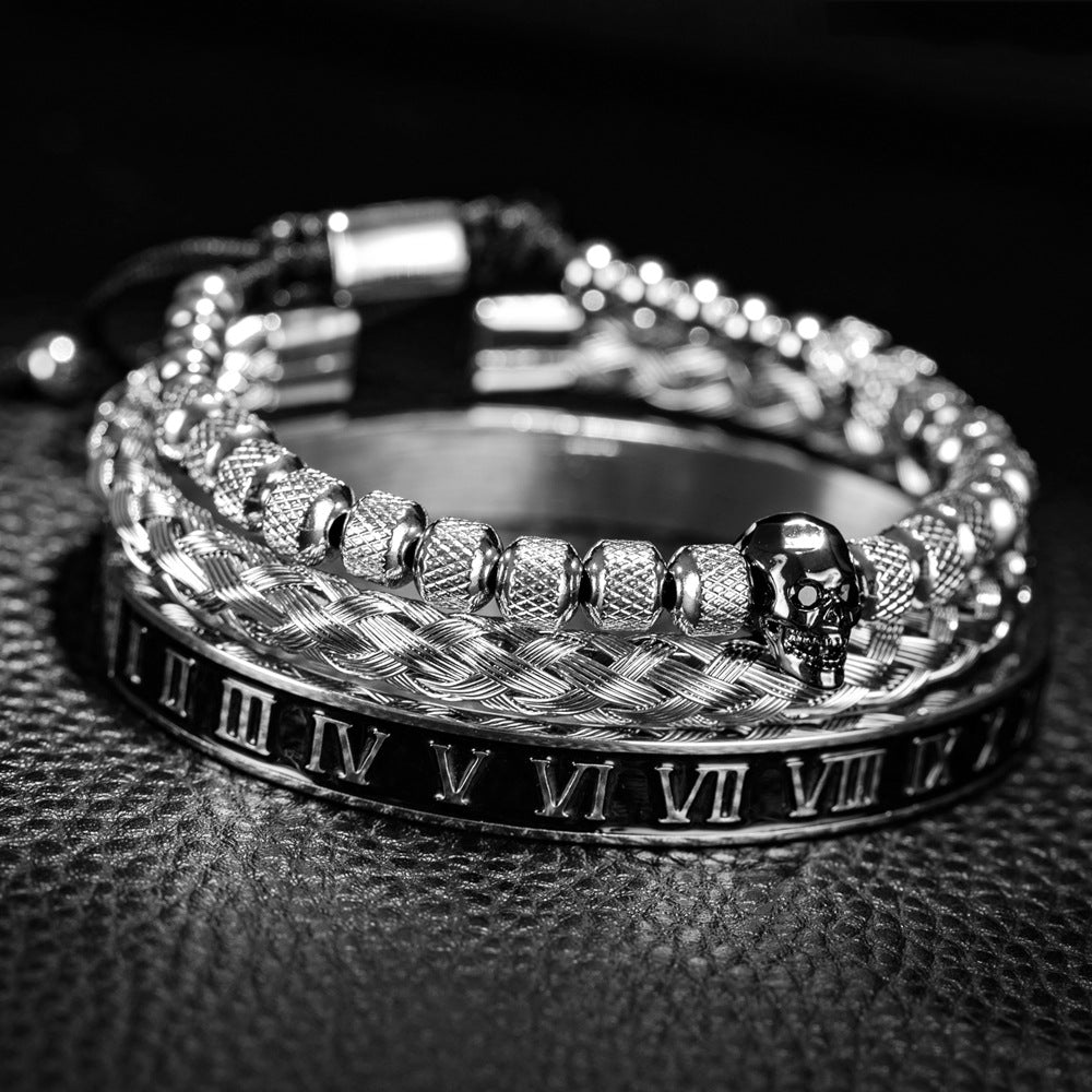 Cross-Section Ghost Head Braided Bracelet Set In Stainless Steel