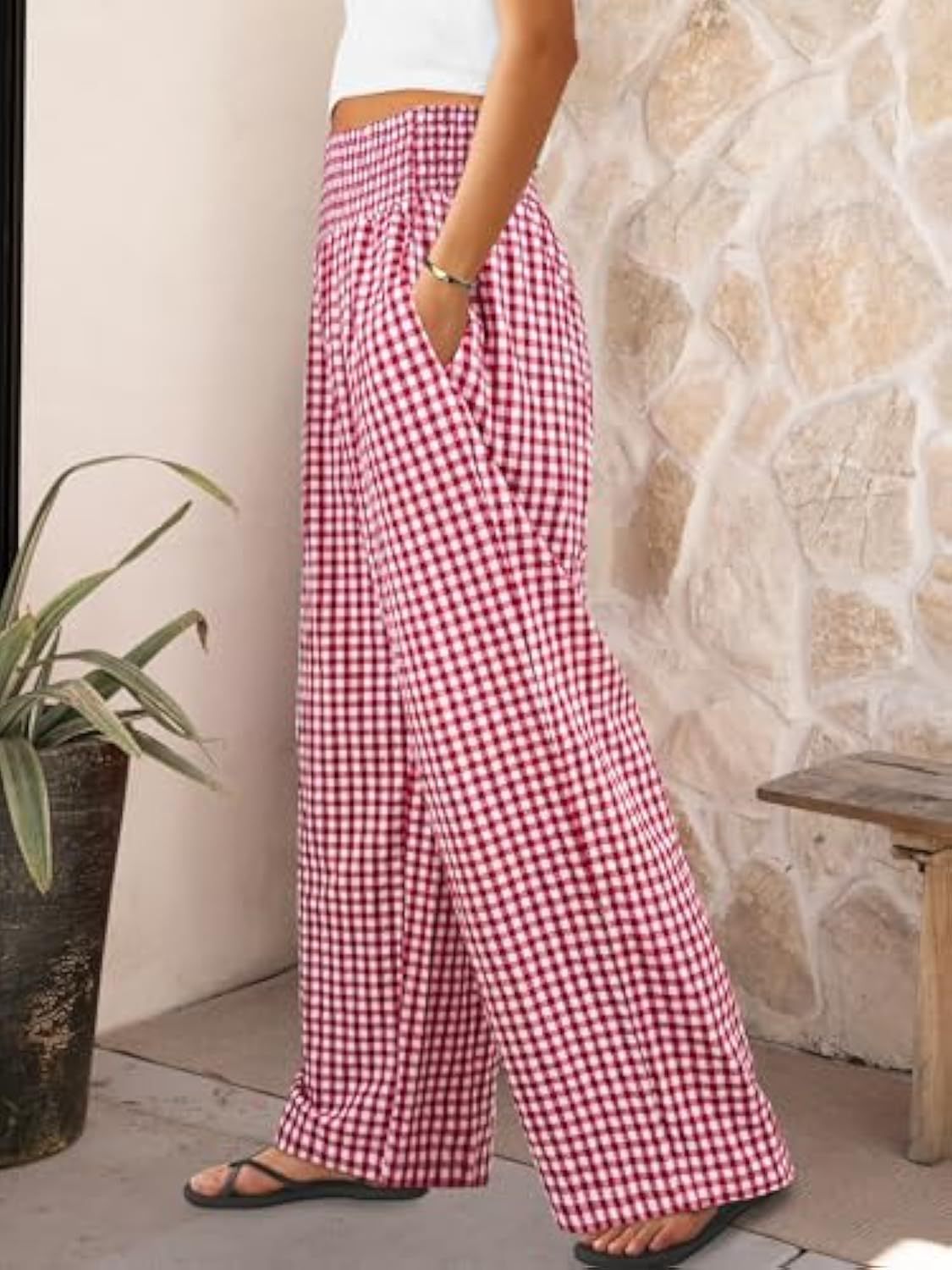 Plaid Casual Trousers Loose-fit Womens Fashion Wide-leg Pants With Pockets