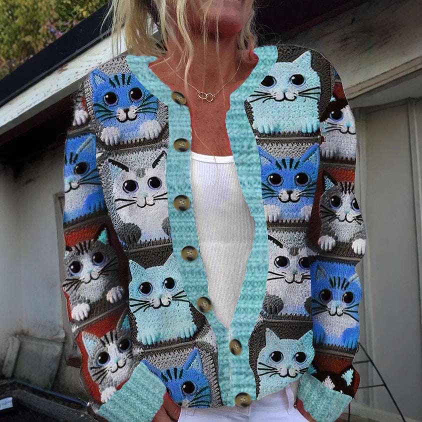 Digital-print Cardigan Knitted Jacket Faux Sweater For Women