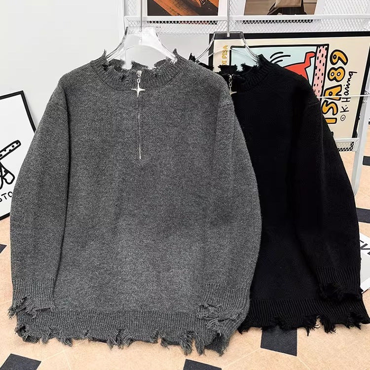 Mens Heavyweight High-street Half-zip Distressed Sweater In American Style