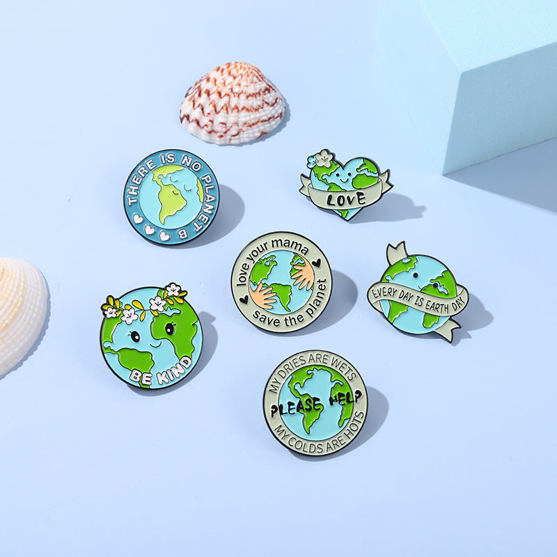 Earth Protection Text Badge Heart-Shaped Plant Pin Brooch