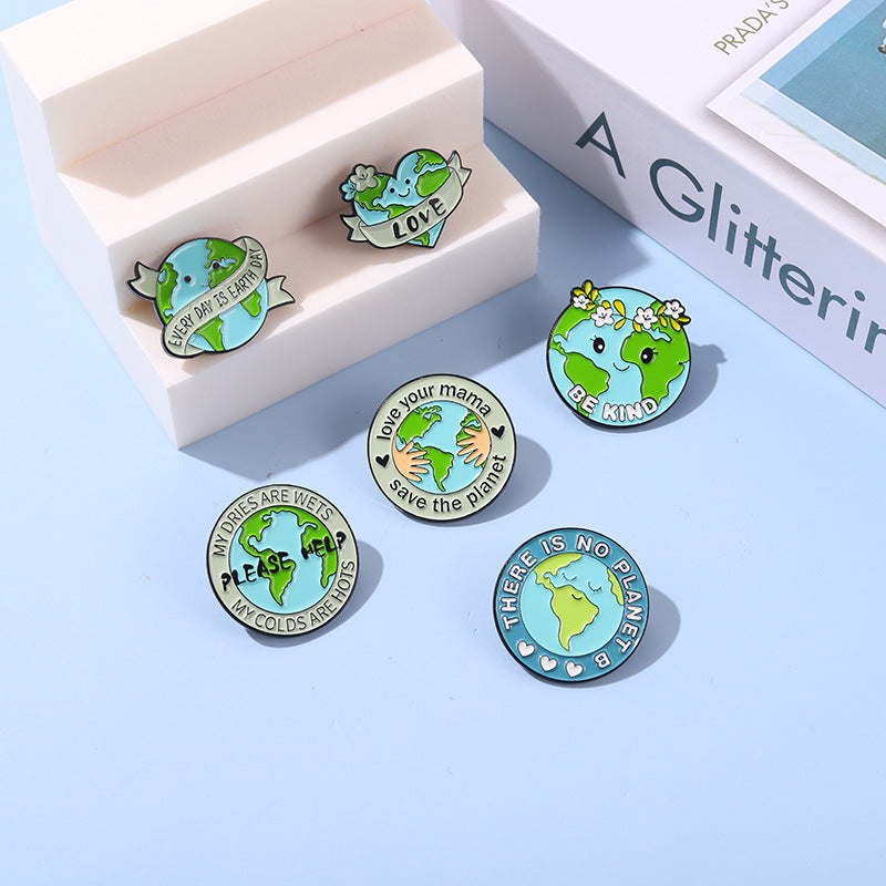 Earth Protection Text Badge Heart-Shaped Plant Pin Brooch