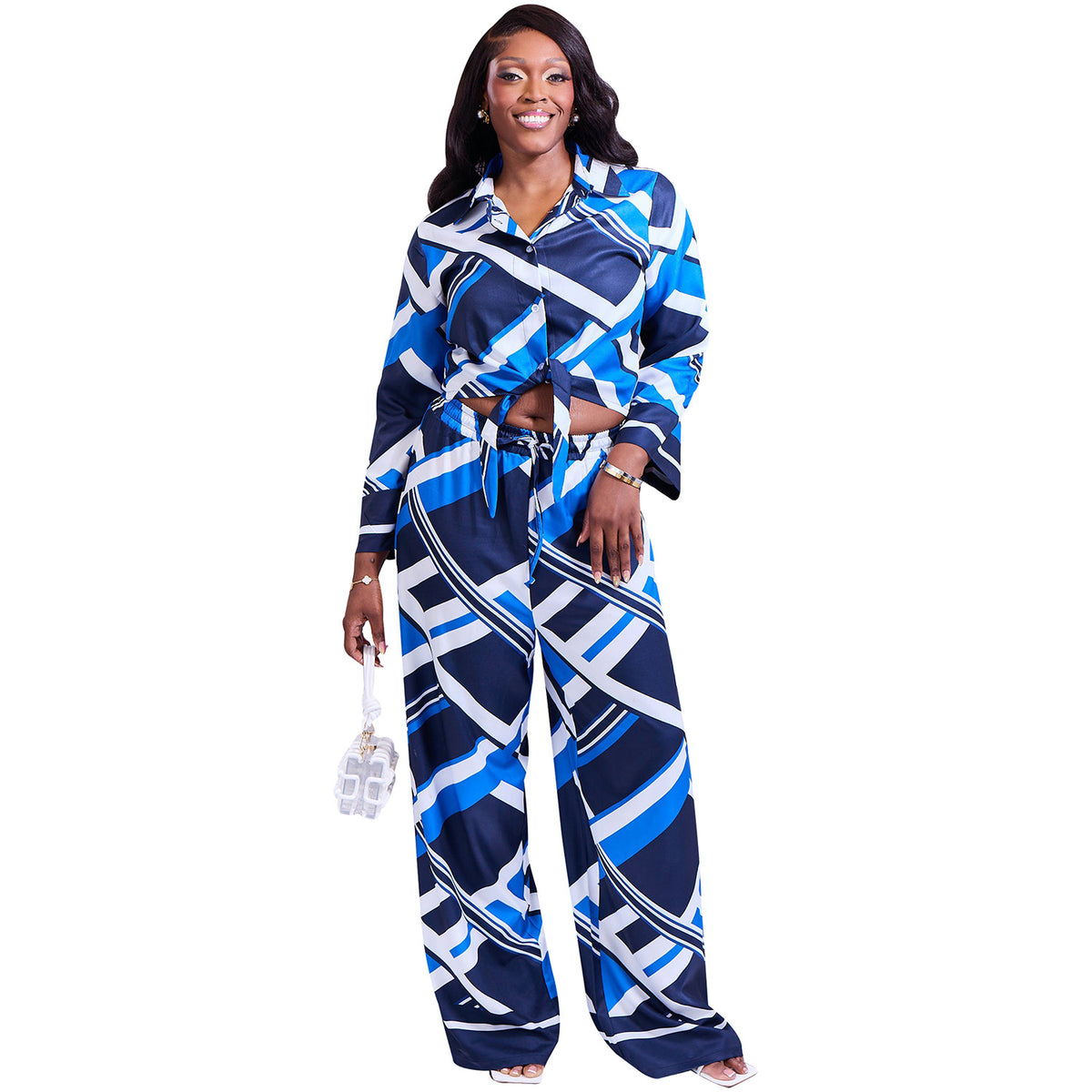 Long-sleeve Tie-neck Lapel Shirt And Wide-leg Pants Set