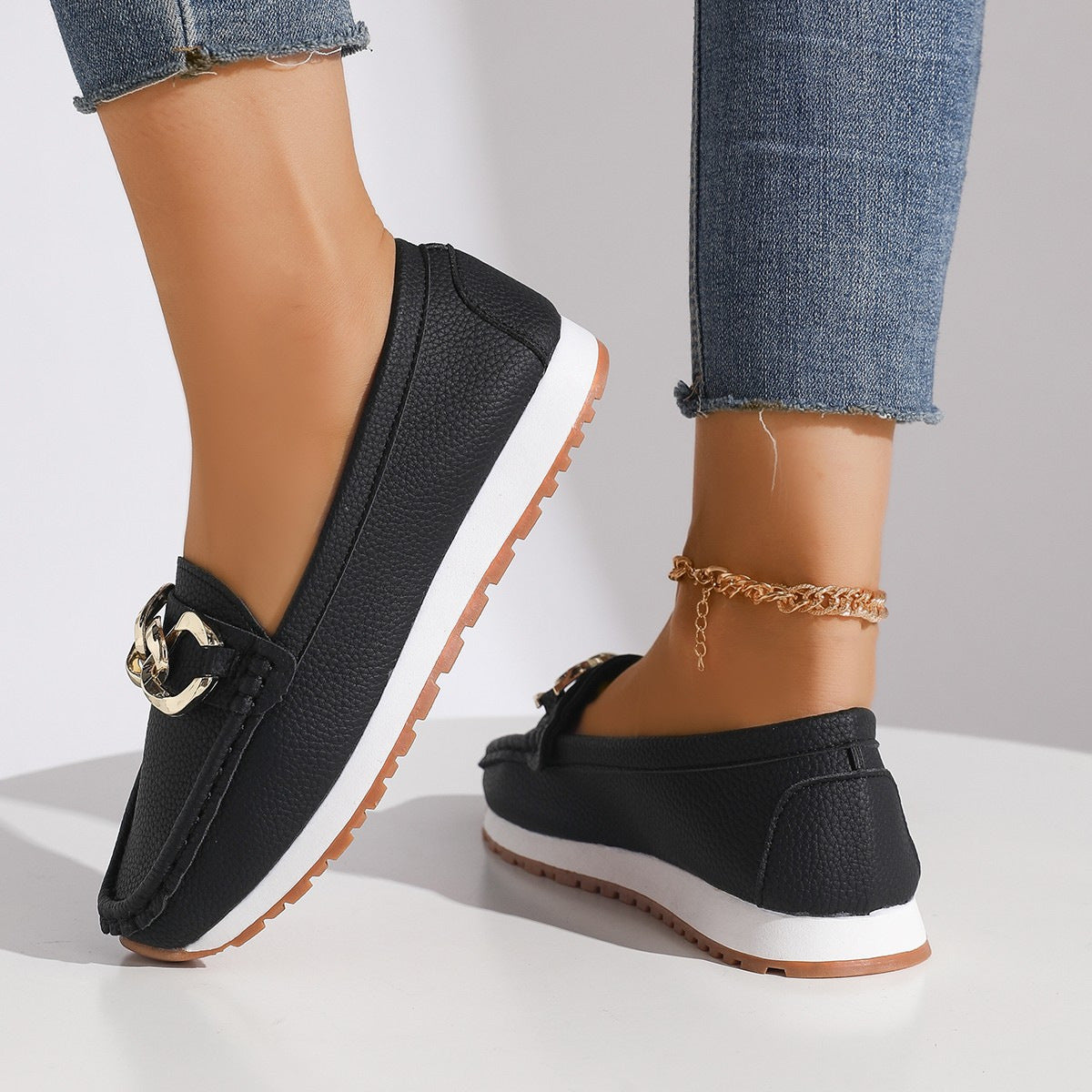 Womens Casual Fashionable Minimalist Metal-buckle Slip-on Shoes In A Comfortable Roomy Fit With A Low-cut Design