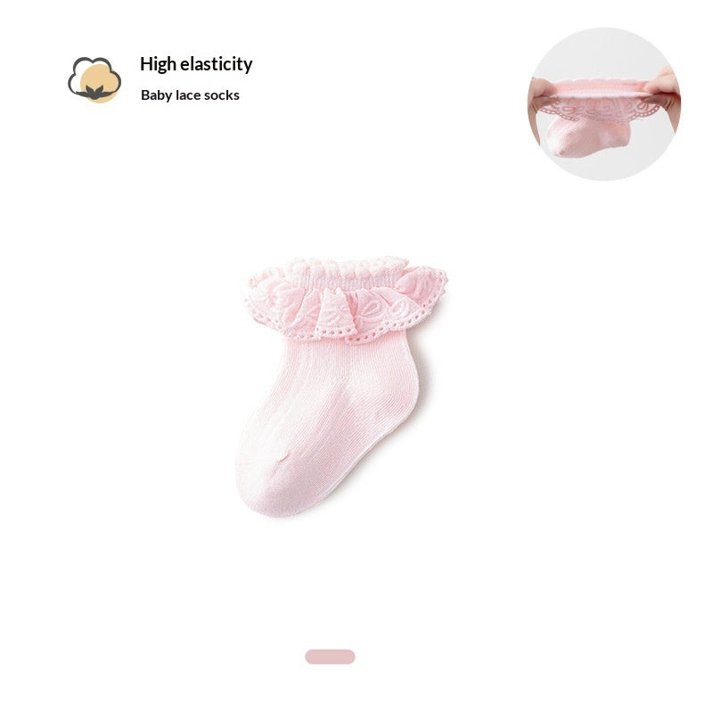 Solid-color Breathable Lace Socks With A Versatile Floral Trim For Little Girls