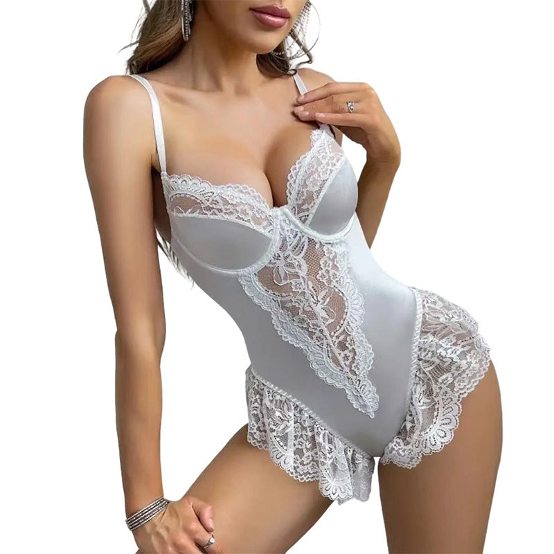 Hollow-out Strapless Bodysuit With A Lace-trimmed Open Back